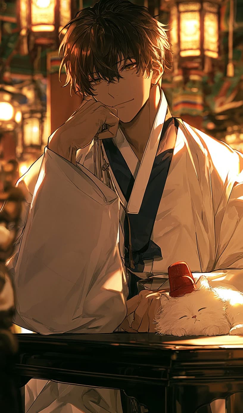 Yul, wearing a white robe with a navy collar, leans on one hand and smiles at a dark lacquered table. Sogeum, a fluffy white kitten in a tiny red cap, sleeps close by in the lantern light.